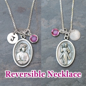 Saint St Faustina Divine Mercy Reversible Necklace - Personalized Initial Charm, Crystal Birthstone or Pearl