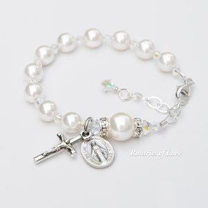 Baby Girl Baptism Gift, White Pearl Rosary Bracelet, Sparkly Crystals, Personalized Christening, Communion, Godmother, Wedding - All Sizes