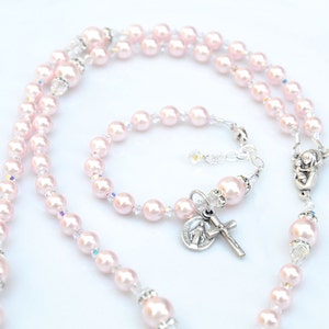 Baby Girl Baptism Gift Set - All Pink Pearls Matching Crystal Rosary and Baby Bracelet -Personalized Name Available -Catholic Gift for Girls