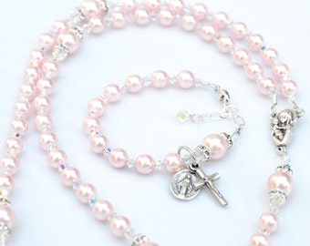 Baby Girl Baptism Gift Set - All Pink Pearls Matching Crystal Rosary and Baby Bracelet -Personalized Name Available -Catholic Gift