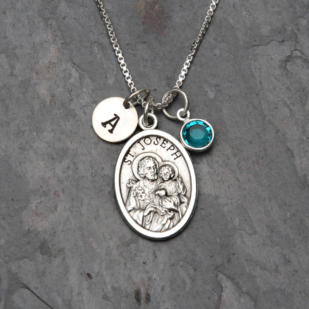 Saint St Joseph Necklace Personalized Initial Crystal Birthstone or