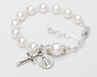 Baby Girl Baptism Gift to Wear into Adulthood, White Pearl Rosary Bracelet, Communion, Wedding - All Sizes Available