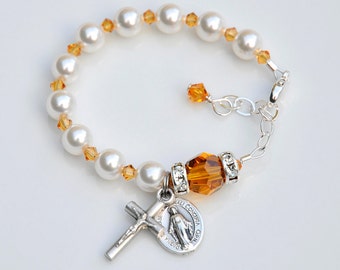 Baptism Gift Baby Bracelet - November Birthstone Crystal Yellow Topaz - Personalized Option - Catholic Rosary Bracelet -Christening Jewelry