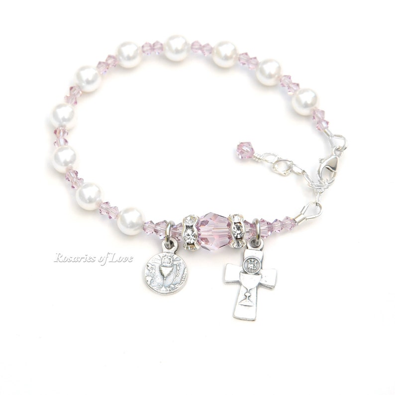 First Holy Communion Gift for Girls Light Amethyst White Crystal Pearl Bracelet Personalized Letter Adjustable Sizing Catholic Gift image 1