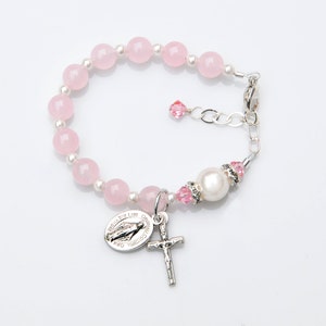 Baby Girl Baptism Gift, Pink Jade White Pearl Crystal Rosary Bracelet, Personalized Christening, Communion, Godmother, Wedding - All Sizes