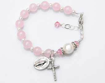 Baptism Gift for Girls - Pink Jade Rosary Bracelet - Crystal Pearls - Catholic Christening Gift for Baby Girl
