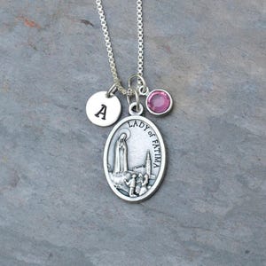 Our Lady of Fatima Necklace - Personalized Initial Charm - Crystal Birthstone or Pearl - Our Lady of the Rosary