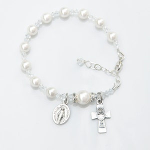 First Holy Communion Gift for Girls - White Crystal Pearl Bracelet - Personalized Letter Option - Adjustable Sizing -Catholic Gift image 3