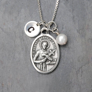Pregnancy Motherhood Childbirth Fertility - Saint St Gerard Necklace - Custom Initial Stamp - Crystal Birthstone or Pearl