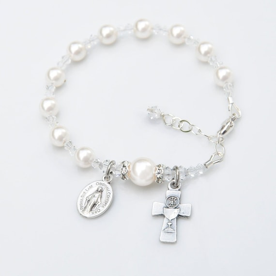 First Holy Communion Gift for Girls - White Crystal Pearl Bracelet - Personalized Letter Option - Adjustable Sizing -Catholic Gift