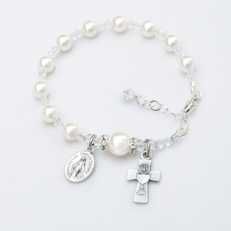 First Holy Communion Gift for Girls - White Crystal Pearl Bracelet - Personalized Letter Option - Adjustable Sizing -Catholic Gift image 1
