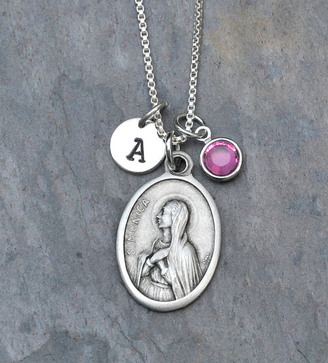 Saint St Monica Necklace Personalized Initial, Crystal Birthstone or