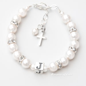 Baby Girl Baptism, First Holy Communion, Flower Girl Gift - White Crystal Pearl Bracelet with Rhinestones - Goddaughter Christening Gift