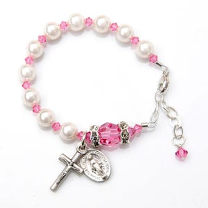 Rose Pink Crystal White Pearl October Birthstone Rosary Bracelet, Baptism, Communion, Godmother, Wedding Gift, All Sizes Baby to Adult