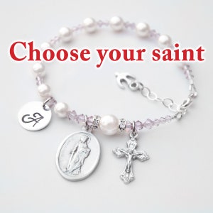 Confirmation Gift for Girls or Teens, Choose Your Catholic Saint, Light Amethyst Purple and Cream Personalized Crystal Pearl Rosary Bracelet