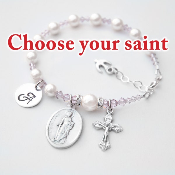 Confirmation Gift for Girls or Teens, Choose Your Catholic Saint, Light Amethyst Purple and White Personalized Crystal Pearl Rosary Bracelet