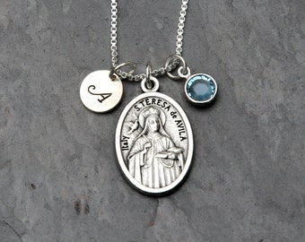 Saint St Teresa of Avila Necklace - Personalized Initial - Crystal Birthstone or Pearl - Headaches/Bodily Ills