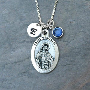 Saint St Veronica Necklace - Personalized Initial, Crystal Birthstone or Pearl -Patron of Laundry Workers, Photographers, Pictures