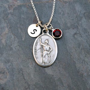 Joan of Arc Necklace - Personalized Initial, Crystal Birthstone or Pearl - Patron Saint of France, Soldiers, Prisoners, Military