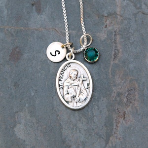 Saint St Francis of Assisi Necklace - Personalized Initial, Crystal Birthstone or Pearl -Patron of Animals, Merchants, Environment