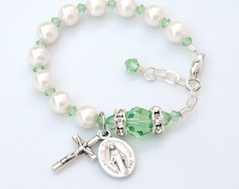 Baby Girl Baptism Gift Rosary Bracelet - Peridot Green August Birthstone -Personalized - Crystal White Pearls -Catholic Christening