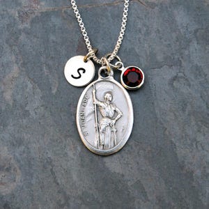 Joan of Arc Necklace - Personalized Initial, Crystal Birthstone or Pearl - Patron Saint of France, Soldiers, Prisoners, Military
