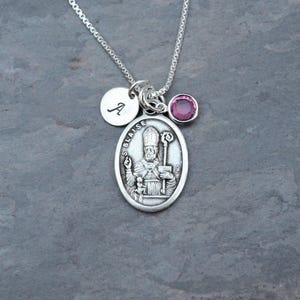 Saint St Blaise Necklace - Personalized - Crystal Birthstone or Pearl - Saint of Throat Problems, Veterinarians, Animals, Carvers