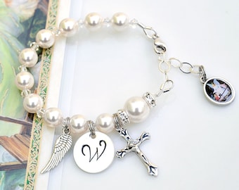 Baby Bracelet - Guardian Angel Wing Baptism Rosary Bracelet - - Personalized - Baby boy or girl - Mommy and Baby -With Prayer Card