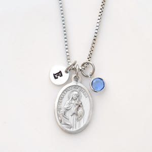 St Catherine of Siena Necklace: Personalized Initial, Crystal Birthstone