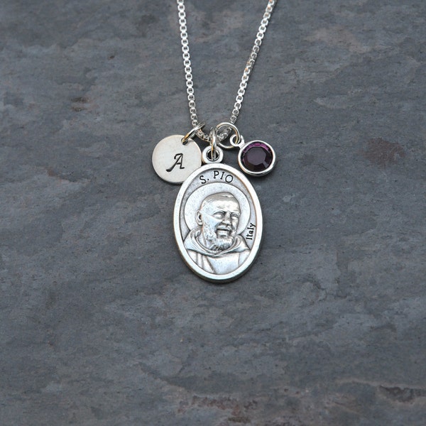 Saint St Padre Pio - Father Pio - Personalized Initial - Crystal Birthstone or Pearl - Patron of Stress Relief, Civil Defense, SAD