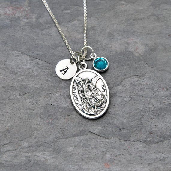 Saint St Michael Necklace - Personalized Initial Charm, Crystal Birthstone or Pearl - Protector, Police, Military