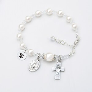 First Holy Communion Gift for Girls - White Crystal Pearl Bracelet - Personalized Letter Option - Adjustable Sizing -Catholic Gift image 2