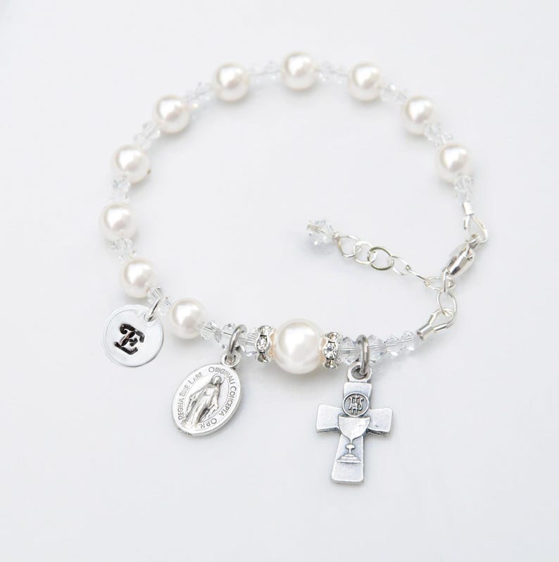 First Holy Communion Gift for Girls - White Crystal Pearl Bracelet - Personalized Letter Option - Adjustable Sizing -Catholic Gift image 2