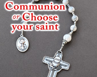 First Holy Communion Gift for Boys or Choose Your Saint, Personalized Catholic One Decade Rosary Pocket Chaplet, White and Gray Gemstones