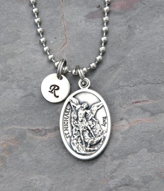 Men's Saint St Michael Necklace, Stainless Steel Ball or Curb Chain,  Personalized Letter, Protector, Police, Military Gift for Men, Unisex