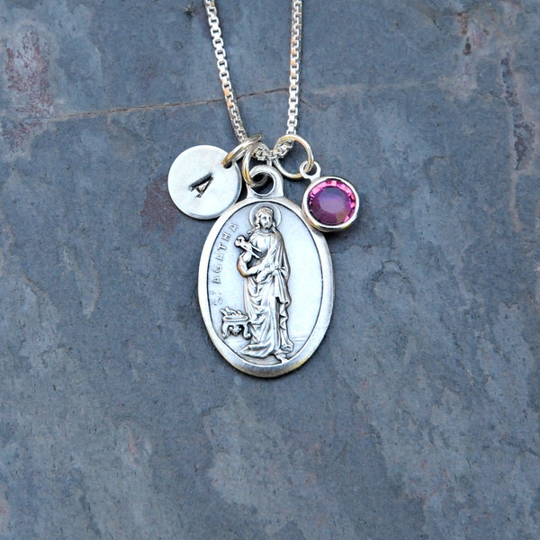 Saint St Agatha Necklace - Personalized Initial, Birthstone or Pearl - Patron Saint of Nurses, Breast Cancer, Survivor Jewelry