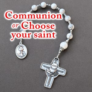 First Holy Communion Gift for Boys or Choose Your Saint, Personalized Catholic One Decade Rosary Pocket Chaplet, White and Gray Gemstones