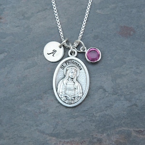 Saint St Philomena Necklace - Personalized - Crystal Birthstone or Pearl - Saint of Children, Youth, Sterility, Babies, Infants