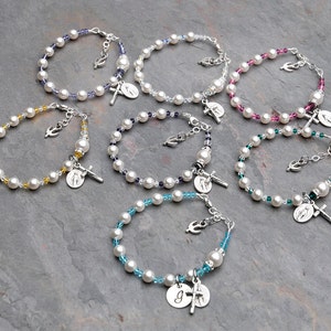 Confirmation Gift for Girls - Personalized Crystal Catholic Rosary Bracelet, Choice of Color - White Pearls - Sterling Initial