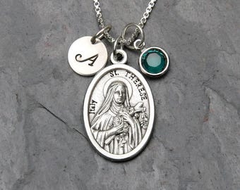 Saint St Therese of Lisieux the Little Flower Necklace - Personalized Initial - Crystal Birthstone or Pearl - Florists-Gardeners