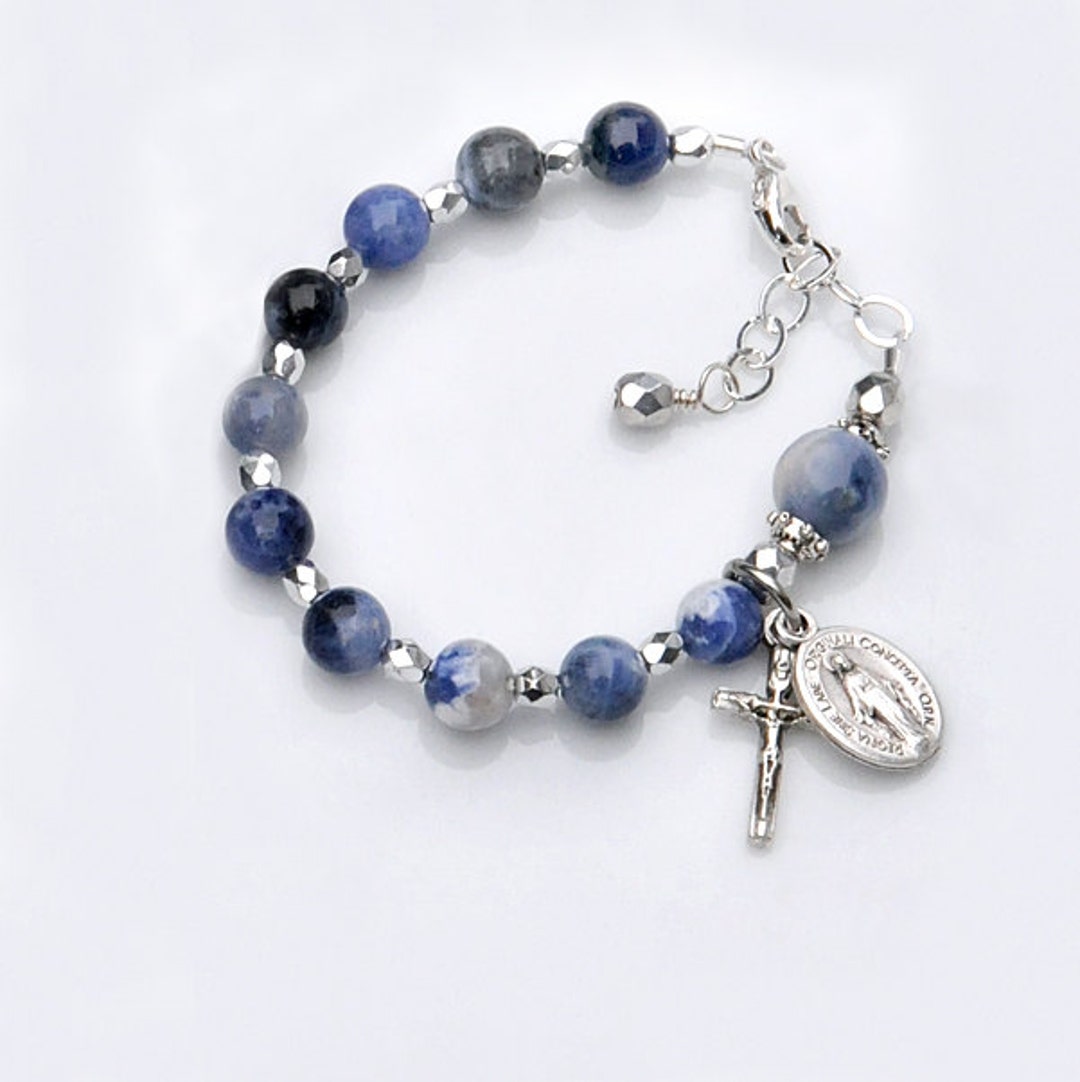 Baptism Bracelet for Baby Boy Blue Sodalite Gemstone Rosary Bracelet
