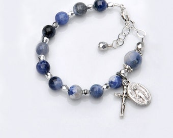 Baptism Bracelet for Baby Boy - Blue Sodalite Gemstone Rosary Bracelet -  Personalized Catholic Christening Baptism Gift for Baby Boy