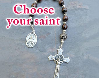 Confirmation Gift for Boys or Men, Personalized Catholic One Decade Rosary Pocket Chaplet, Deep RedBrown Garnet Gemstones, Choose Your Saint