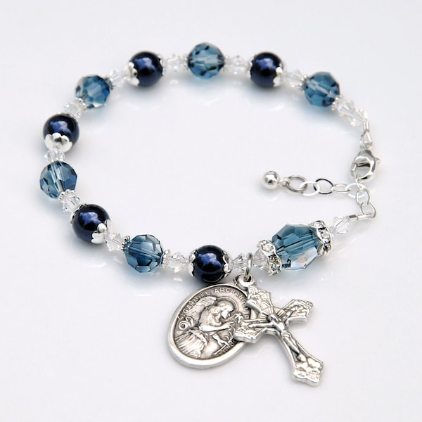 Blue Crystal and Pearl Rosary Bracelet - Archangel Gabriel or Choice of Saint Medal - Godmother Gift - Catholic Gift for Women