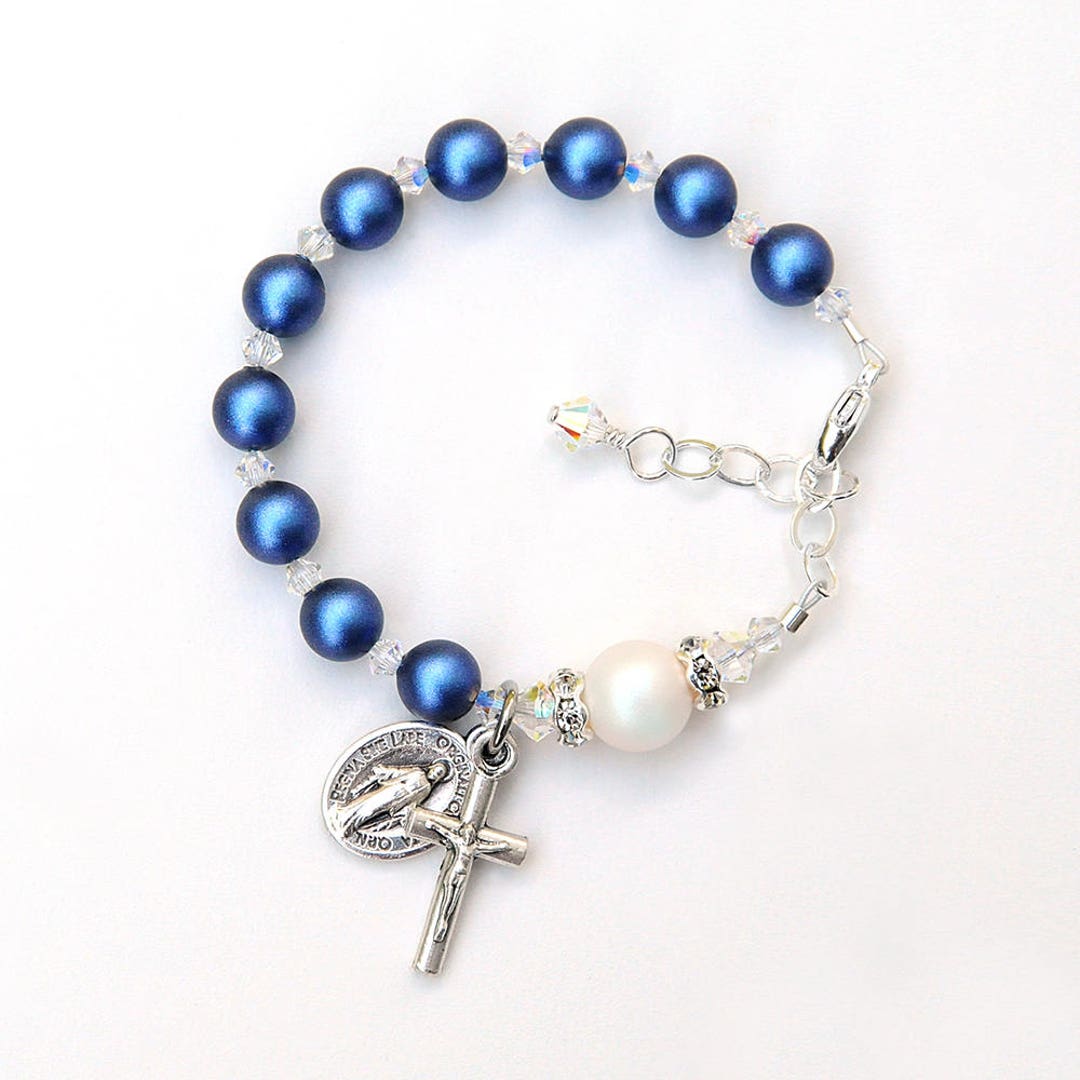 Baptism Gift for Baby Boy Crystal Rosary Bracelet iridescent Dark Blue and White Pearls personalized Catholic Christening Gift Etsy Australia