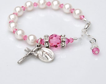 Baptism Gift for Girl - Rosary Bracelet - Rose Pink October Birthstone - Personalized Initial - Crystal Pearls - Christening Gift