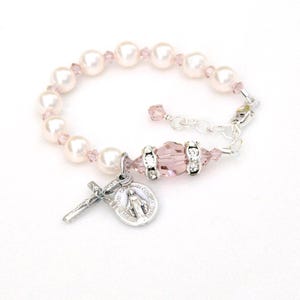 Baby Girl Baptism Rosary Bracelet, Ivory Cream Pearls, Vintage Rose Pink Crystals, Baptism, Communion, Godmother, Wedding Gift, All Sizes