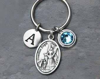 Guardian Angel Keychain - Personalized Letter - Crystal Birthstone - Key Chain Gift for Women or Men