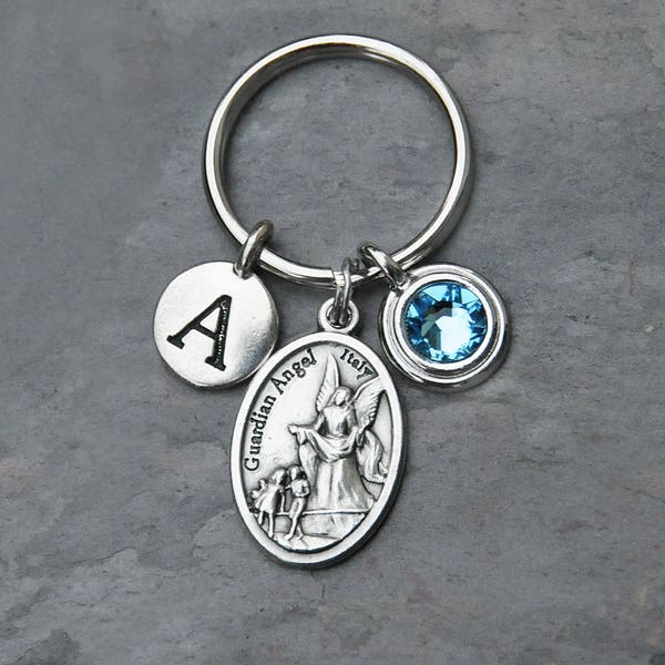 Guardian Angel Keychain - Personalized Letter - Crystal Birthstone - Key Chain Gift for Women or Men