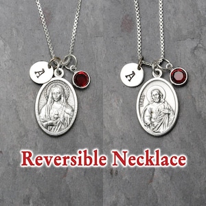 Sacred Heart Reversible Necklace - Personalized - Crystal Birthstone or Pearl - Immaculate Heart of Mary, Sacred Heart of Jesus